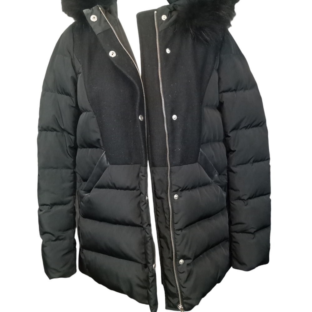 Maje Genuine Fur Trimmed Down Filled Puffer Coat Black Size Medium - Picture 5 of 11
